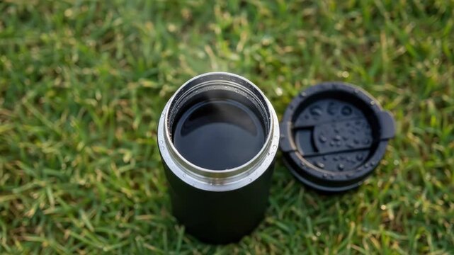 Steaming hot coffee in black travel mug with lid on green grass. Outdoor coffee break.