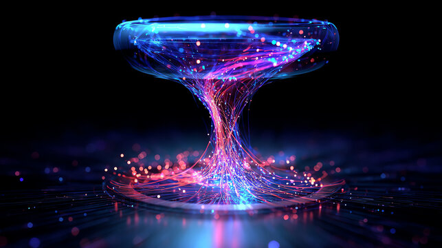 A vibrant, futuristic vortex of glowing blue and pink light strands forms a dynamic, swirling funnel shape against a dark background, resembling digital energy flow - Powered by Adobe