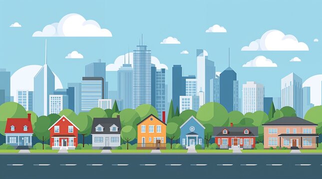 A modern flat design illustration of a suburban neighborhood with cityscape in the background.