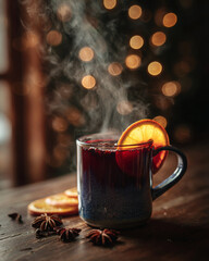 Enjoy mulled wine, hot beverage and cozy drink. Steaming mug with orange slice, star anise