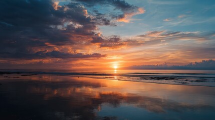Vibrant sunset over a calm ocean horizon, cinematic seascape style