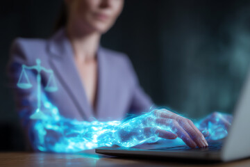 A person in a suit interacts with a laptop, with a holographic digital arm and scales of justice symbol, representing technology in law and digital legal work