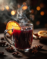 Steaming hot mulled wine, rich with spice and orange, brings cozy, festive joy