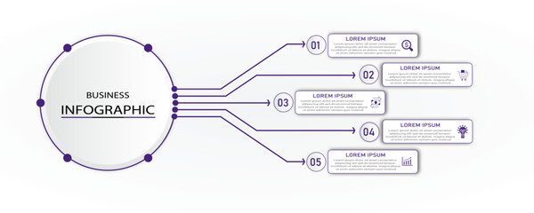 Business process timeline visualization with icon | Corporate infographic with 5 steps rectangle diagram arranges one side of 3d circle connected with eminence line