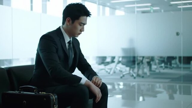 A young Asian man is very nervous before a job interview in an office, a candidate for the position