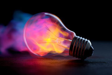 A close-up of a light bulb lying on a dark surface, glowing with vibrant, swirling colors of pink, purple, orange, and yellow inside the glass