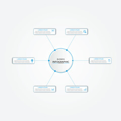 Marketing process visualization timeline diagram | Business data representation with white geometric diagram with icon | 3d centre radial 6 steps cyan flowchart   for business