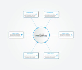 Marketing process visualization timeline diagram | Business data representation with white geometric diagram with icon | 3d centre radial 6 steps blue flowchart   for business