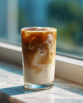 Refreshing iced latte with beautiful milk swirls, perfect for sunny day enjoyment