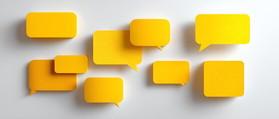 Yellow speech bubbles of various sizes and shapes casting soft shadows on a white background, symbolizing communication and conversation