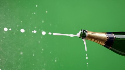 Champagne Celebration:  High-Resolution Footage of Sparkling Wine Bottle Pop,  Slow-Motion Spray,  Green Screen Background,  Perfect for Festive Events and Celebrations. - Powered by Adobe