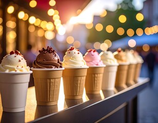 Row of ice cream cups in a warm setting