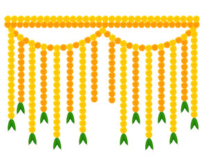 Traditional Indian marigold flower garland toran with mango leaves, festive floral hanging decoration for Hindu wedding, Diwali, Navratri, and temple celebration. Vector illustration