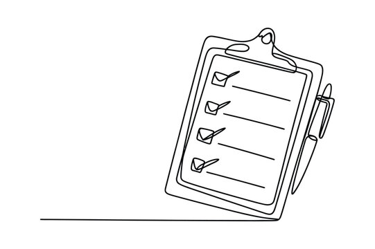 A minimalist, continuous one-line art drawing of a clipboard with a checklist. The editable stroke makes this modern vector graphic perfect for business presentations