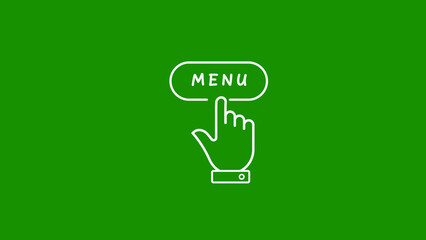 White Outline Hand Cursor Clicking on a White Oval Button with the Word Menu on a Green Background pointer