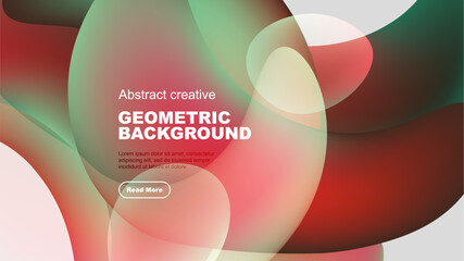 Abstract geometric background features overlapping colorful shapes. Red, green, turquoise hues create dynamic visual effect. Text present.