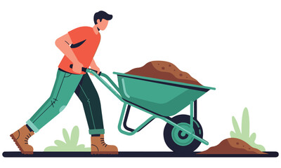 Man Pushing Wheelbarrow with Soil in a Garden Setting