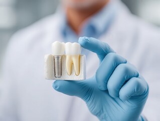 dentist holding a single dental implant in gloved hand