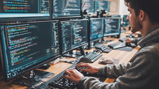 Software Developer Working at Multi-Screen Computer Setup with Code Displayed