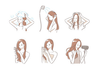 ヘアケアするロングヘアの女性のイラストセット