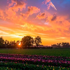 Colorful sunset over a field of tulips
