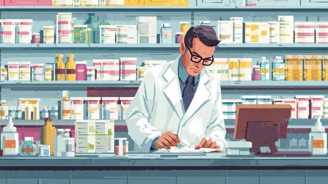 Illustration of Pharmacist in White Coat Working in Modern Pharmacy Store