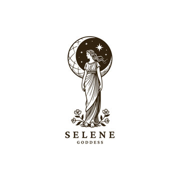 Engraving illustration of Selene, the Greek Moon Goddess vector template