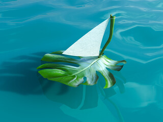 Leaf sailboat floating on water symbolizes sustainability and environmental protection