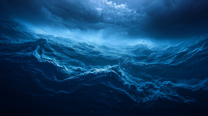 Deep blue ocean waves with glowing cracks beneath the surface, hinting at volcanic activity.