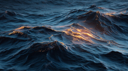 Deep blue ocean waves with glowing cracks beneath the surface, hinting at volcanic activity.