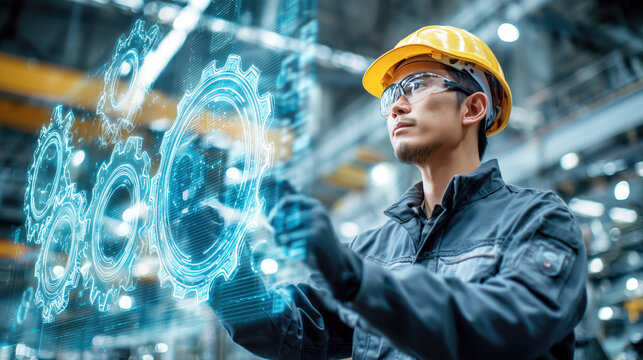 Engineer in Safety Gear Interacting with Digital Gears Interface in Modern Industrial Setting