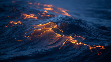 Deep blue ocean waves with glowing cracks beneath the surface, hinting at volcanic activity.