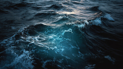 Deep blue ocean waves with glowing cracks beneath the surface, hinting at volcanic activity.