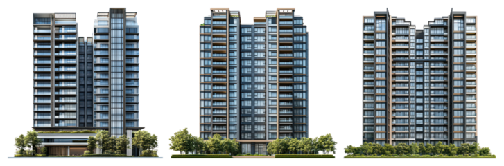 PNG Modern urban residential towers, element set on transparent background