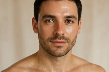 Obraz premium Close-up portrait of a young man with shiny skin looking at camera indoors.