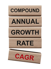 Obraz premium wooden blocks with the letters CAGR . the inscription on the cubes is reflected from the surface. CAGR - Compound Annual Growth Rate.Supports PNG files with transparent backgrounds.