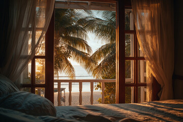 Fototapeta premium Peaceful bedroom view offers tranquil tropical beach scene with warm sunlight