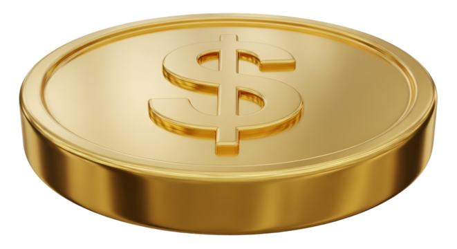 A shiny gold coin with embossed dollar sign, transparent background.