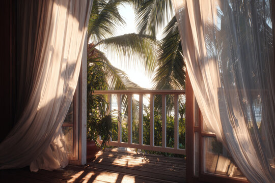 Serene tropical beach view from inviting balcony, sunlit curtain gently sways