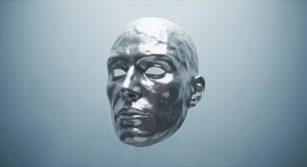 Metallic silver human mask with a liquid texture floating on a grey background