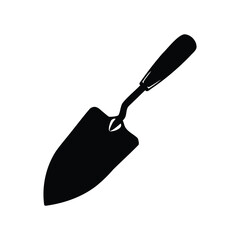 Black silhouette of a small hand trowel for gardening purposes isolated, garden trowel silhouette vector illustration