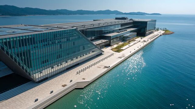 Modern Data Center with Futuristic Architecture Built on Waterfront Peninsula