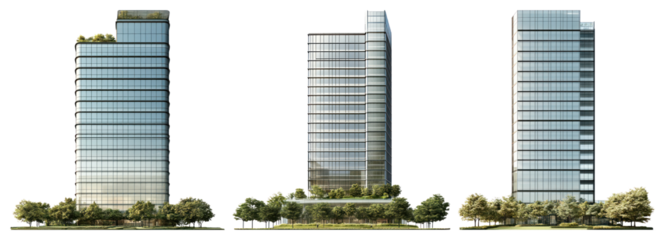 PNG Modern skyscrapers with greenery, element set on transparent background