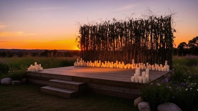 Romantic sunset ceremony stage adorned with countless glowing candles creates magical ambiance