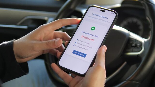 Hands tap pensively on a phone showing auto insurance policy details, symbolizing careful consideration before commitment. Perfect for insurance ads, financial education, or adult decision-making
