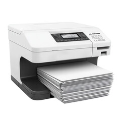 White office printer with a large stack of printed paper showcasing document output and printing technology in a modern business environment setting on transparent background