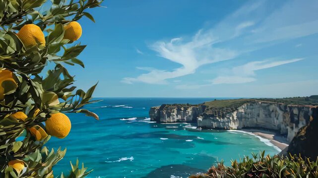 Ripe lemons on a tree that majestically displays itself above the sea and mountains