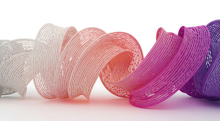 Abstract gradient of translucent mesh ribbon in a swirling pattern on a white background