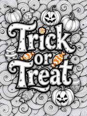 Trick or Treat – playful hand-drawn lettering with candy and pumpkin doodles.