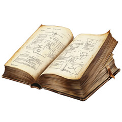 Obraz premium Open antique book displays detailed diagrams and handwritten notes on aged pages evoking a sense of history and scientific exploration on transparent background